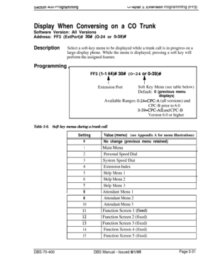 Page 543secnon 4uwrrogrammlngGI ktprer Y. exwwon rrogrammtng (t-F3)Display When Conversing on a CO Trunk
Software Version: All Versions
Address: FF3 (ExtPort)# 
30# (O-24 or O-39)#
DescriptionSelect a soft-key menu to be displayed while a trunk call is in progress on a
large-display phone. While the menu is displayed, pressing a soft key will
perform the assigned fearure.
Programming ,FF3 
(1-l 44)# 30# (O-24
t
Extension PortSoft Key Menu (see table below)
Default: 0 (previous menu
displays)
Available Ranges:...