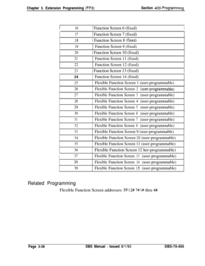 Page 548Chapter 3. Extension Programming (FF3)Section 400-Programming
I161 Function Screen 6 (fixed)1
17
18
1 Function Screen 7 (fixed)I
/ Function Screen 8 !fixedj
19Function Screen 9 (fixed)
201 Function Screen 10 (fixed)
21Function Screen 11 (fixed)
.22Function Screen 12 (fixed)
23i Function Screen 13 (fixed)24
Function Screen 14 (fixed)
25Flexible Function Screen 1 (user-programmable)
26FlexibleFunctionScreen2(user-programmable)
27FlexibleFunctionScreen3(user-programmable)...