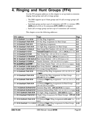 Page 5714. Ringing and Hunt Groups (FF4)Use the FF4 program addresses in this chapter to set up trunk-to-extension
ringing, hunt groups and call coverage groups.
lThe DBS supports up to 8 hunt groups and 16 call coverage groups (all
versions).
lEach hunt group can have up to 8 extensions (all CPC-A versions; CPC-
All/B prior to 6.0) or 16 extensions (CPC-AII/B 6.0 or higher).
lEach call coverage group can have up to 8 extensions (all versions).
This chapter covers the following addresses:
FF4 AddressFF4 
l#...