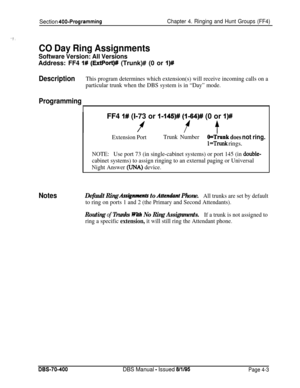 Page 573Section 400-ProgrammingChapter 4. Ringing and Hunt Groups (FF4)
CO Day Ring Assignments
Software Version: All VersionsAddress: FF4 
I# (ExtPort)# (Trunk)# (0 or I)#
DescriptionThis program determines which extension(s) will receive incoming calls on a
particular trunk when the DBS system is in “Day” mode.
Programming
IFF4 
I# (I-73 or l-14!5)# (1-64)# (0 or I)#
ff t
Extension PortTrunk NumberO=Thnk does not ring.
l=Trunk rings.
NOTE:Use port 73 (in single-cabinet systems) or port 145 (in double-
cabinet...