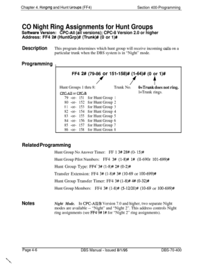 Page 576Chapter 4. Ringing and Hunt tiroups (FF4)Section 400-Programming
CO Night Ring Assignments for Hunt Groups
SoftwareVersion:CPC-AII (all versions); CPC-8 Version 2.0 or higherAddress: FF4 
2# (HuntGrp)# (Trunk)# (0 or l)#
DescriptionThis program determines which hunt group will receive incoming calls on a
particular trunk when the DBS system is in “Night” mode.
Program.mingIFF4 
2# (79-86 or 151~158)# (l-64)# (0 or I)#
ff f
Hunt Groups 1 thru 8:Trunk No.&Trunk does not ring.
CIPC-ATTorCPC3-Bl=Trunk...