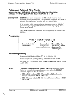 Page 596Chapter 4. Ringing and Hunt Groups (FF4)Section 400-Programming
Extension Delayed Ring Table
Software Version:CPC-All (all versions); CPC-B Version 2.0 or higher
Address: FF4 8## (TargetExtPort)# (SourceExtPort)# (0 or l)#
DescriptionDSS/BLF keys can be programmed (in FF5) to flash whenever other
extensions receive incoming calls. Use this address to program the 
DSVBLF
phone to also ring for these incoming calls on a delayed basis.
If the incoming call is unanswered at the ringing extension, the...