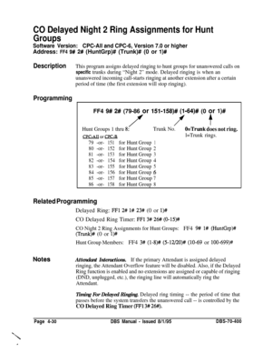 Page 600CO Delayed Night 2 Ring Assignments for Hunt
Groups
Software Version:CPC-All and CPC-6, Version 7.0 or higherAddress: FF4 
9# 2# (HuntGrp)# (Trunk)# (0 or I)#
DescriptionThis program assigns delayed ringing to hunt groups for unanswered calls on
specific trunks during “Night 2” mode. Delayed ringing is when an
unanswered incoming call-starts ringing at another extension after a certain
period of time (the first extension will stop ringing).
ProgrammingFF4 
9# 2# (79-86 or IN-158)# (1964)# (0 or l)#
ff...