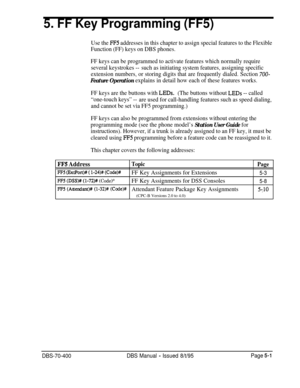 Page 6015. FF Key Programming (FF5)
Use the FF5 addresses in this chapter to assign special features to the Flexible
Function (FF) keys on DBS phones.
FF keys can be programmed to activate features which normally require
several keystrokes --such as initiating system features, assigning specific
extension numbers, or storing digits that are frequently dialed. Section 
700-
Feature Operation explains in detail how each of these features works.
FF keys are the buttons with 
LEDs.(The buttons without LEDs --...