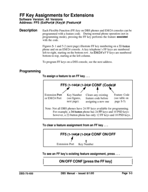 Page 603FF Key Assignments for Extensions
Software Version: All VersionsAddress: FF5 
(ExtPort)# (Key)# (Feature)#
DescriptionEach Flexible Function (FF) key on DBS phones and EM/24 consoles can be
programmed with a feature code.During normal phone operation (not in
programming mode), pressing the FF key performs the feature 
associated
with the code.
Figures 5 1 and 5-2 (next page) illustrate FF key numbering on a 32-button
phone and on an EM/24 console. A key telephone’s FF keys are numbered
left-to-right,...