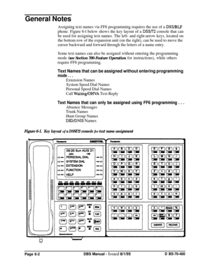 Page 613General Notes
Assigning text names via FF6 programming requires the use of a DSS/BLF
phone. Figure 6-l below shows the key layout of a 
DSSI72 console that can
be used for assigning text names. The left- and right-arrow keys, located on
the bottom row of the expansion unit (on the right), can be used to move the
cursor backward and forward through the letters of a name entry.
Some text names can also be assigned without entering the programming
mode 
(see Section 700-Feature Operation for instructions),...