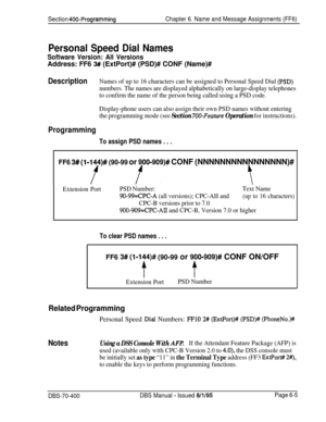 Page 616Section 400-ProgrammingChapter 6. Name and Message Assignments (FF6)
Personal Speed Dial Names
Software Version: All VersionsAddress: FF6 
3## (ExtPort)# (PSD)# CONF (Name)#
DescriptionNames of up to 16 characters can be assigned to Personal Speed Dial (PSD)
numbers. The names are displayed alphabetically on large-display telephones
to confirm the name of the person being called using a PSD code.
Display-phone users can also assign their own PSD names without entering
the programming mode (see 
Section...