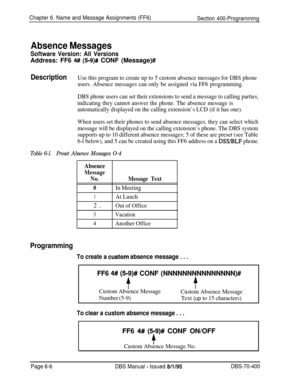 Page 617Chapter 6. Name and Message Assignments (FF6)
Section 400-Programming
Absence Messages
Software Version: All VersionsAddress: FF6 
4# (59)# CONF (Message)#
DescriptionUse this program to create up to 5 custom absence messages for DBS phone
users. Absence messages can only be assigned via FF6 programming.
DBS phone users can set their extensions to send a message to calling parties,
indicating they cannot answer the phone. The absence message is
automatically displayed on the calling extension’s LCD (if...