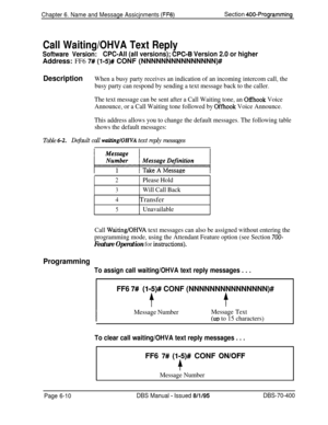 Page 621Chapter 6. Name and Message Assicjnments (FFG)Section 400-Programming
Call Waiting/OHVA Text Reply
Software Version:CPC-All (all versions); CPC-6 Version 2.0 or higherAddress: FF6 
7# (l-5)# CONF (NNNNNNNNNNNNNNN)#
DescriptionWhen a busy party receives an indication of an incoming intercom call, the
busy party can respond by sending a text message back to the caller.
The text message can be sent after a Call Waiting tone, an 
OfRook Voice
Announce, or a Call Waiting tone followed by 
Offhook Voice...