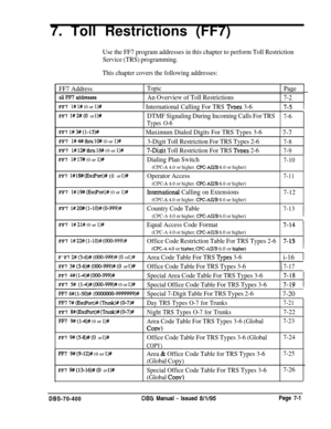 Page 6237. Toll Restrictions (FF7)Use the FF7 program addresses in this chapter to perform Toll Restriction
Service (TRS) programming.
This chapter covers the following addresses:
FF7 Address
aliFF7addresses
Topic
An Overview of Toll RestrictionsPage7-2
FF7 I# l# (0 or l)#
t
1 International Calling For TRS TvDes 3-6
FF7 1#2#(0 or l)#DTMF Signaling During Incoming Calls For TRS
Types O-6
7-5
7-6
FF7 1#3#(1-15)#1 Maximum Dialed Digits For TRS Types 3-61 7-7
FF7 1# 4# thru lOl# (0 or l>#3-Digit Toll Restriction For...