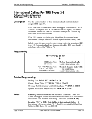 Page 627Section 400-ProgrammingChapter 7. Toll Restriction (FF7)
International Calling For TRS Types 3-6
Software Version: All VersionsAddress: 
FR I# 1# (0 or l)#
DescriptionUse this address to allow or deny international calls on trunks that are
assigned TRS types 3-6.
If the DBS is set to use the new NANP dialing plan (available with CPC-A
Version 4.0 or higher, and 
CPC-AII/B Version 6.0 or higher), this address
determines whether the DBS will check the Country Code Table for any
restrictions on the dialed...