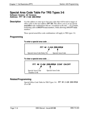 Page 640Chapter 7. Toll Restriction (FF7)Section 400-Programming
Special Area Code Table For TRS Types 3-6
Software Version: All VersionsAddress: FF7 
4# (l-4)# (OOO-999)#
DescriptionUse this address to enter up to four area codes that will be tied to ranges of
office codes in the next address 
(FF7 5#). This allows you to set up special
area/office code combinations that are “exceptions to the rule” -- for example,
restricting calls to (800)976-xxxx numbers, while allowing (800) 977-xXxX
numbers.
These special...