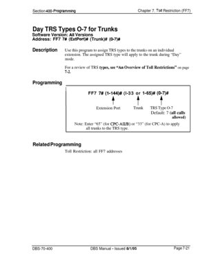 Page 643Section 400-ProgrammingChapter 7. toll Restriction (FF7)
Day TRS Types O-7 for Trunks
Software Version: All VersionsAddress: FF7 
7# (ExtPort)# (Trunk)# (017)#
DescriptionUse this program to assign TRS types to the trunks on an individual
extension. The assigned TRS type will apply to the trunk during “Day”
mode.
For a review of TRS types, see “An Overview of Toll Restrictions” on page
7-2.
Programming
IFF7 
7# (11144)# (l-33 or l-65)# (017)#
ff t
Extension PortTrunkTRS Type O-7Default: 7 (all calls...