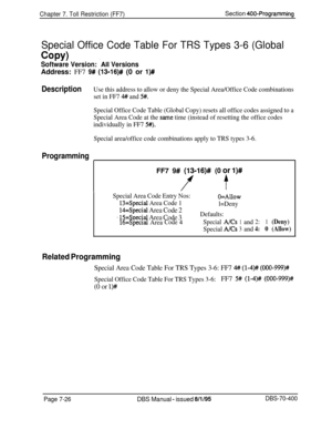 Page 648Chapter 7. Toll Restriction (FF7)Section 400-Programming
Special Office Code Table For TRS Types 3-6 (Global
COPY)
Software Version: -AlI VersionsAddress: FF7 
9# (13016)# (0 or l)#
DescriptionUse this address to allow or deny the Special Area/Office Code combinations
set in FF7 
4# and 5#.
Special Office Code Table (Global Copy) resets all office codes assigned to a
Special Area Code at the 
same time (instead of resetting the office codes
individually in FF7 
5#).
Special area/office code combinations...