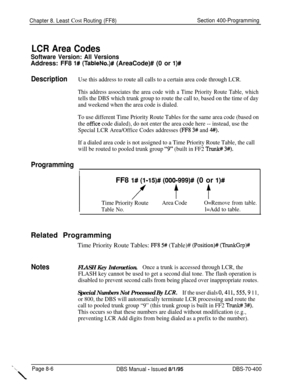 Page 654Chapter 8. Least Cost Routing (FF8)Section 400-Programming
LCR Area Codes
Software Version: All VersionsAddress: FF8 
1# (TableNo.)# (AreaCode)# (0 or l)#
DescriptionUse this address to route all calls to a certain area code through LCR.
This address associates the area code with a Time Priority Route Table, which
tells the DBS which trunk group to route the call to, based on the time of day
and weekend when the area code is dialed.
To use different Time Priority Route Tables for the same area code...