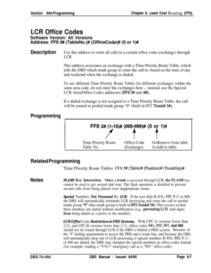 Page 655Section 400-ProgrammingChapter 8. Least Cost Routing (FF8)LCR Office Codes
Software Version: All VersionsAddress: FF8 
2# (TableNo.)# (OfficeCode)# (0 or l)#
DescriptionUse this address to route all calls to a certain office code (exchange) through
LCR.
This address associates an exchange with a Time Priority Route Table, which
tells the DBS which trunk group to route the call to, based on the time of day
and weekend when the exchange is dialed.
To use different Time Priority Route Tables for different...