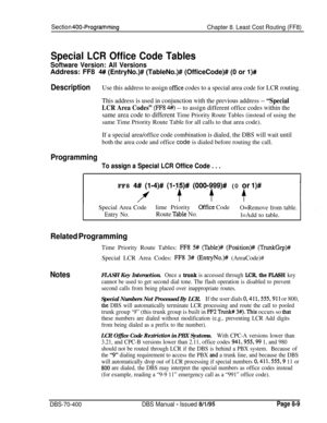 Page 657Section 400-Programming
Chapter 8. Least Cost Routing (FF8)
Special LCR Office Code Tables
Software Version: All VersionsAddress: FF8
4## (EntryNo.)# (TableNo.)# (OfficeCode)# (0 or l)#
DescriptionUse this address to assign office codes to a special area code for LCR routing.
This address is used in conjunction with the previous address -- 
“Special
LCR Area Codes” 
(FFS 4#) -- to assign different office codes within the
same area code to different Time Priority Route Tables (instead of using thesame...