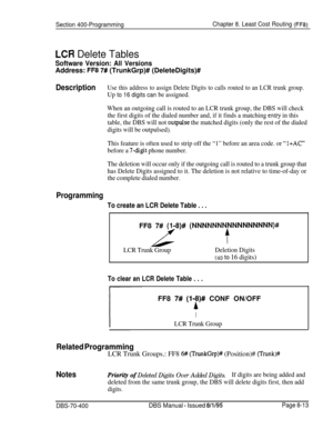 Page 661Section 400-ProgrammingChapter 8. Least Cost Routing (FF8)
LCR Delete Tables
Software Version: All VersionsAddress: 
FF8 7# (TrunkGrp)# (DeleteDigits)#
DescriptionUse this address to assign Delete Digits to calls routed to an LCR trunk group.
Up to 16 digits can be assigned.
When an outgoing call is routed to an LCR trunk group, the DBS will check
the first digits of the dialed number and, if it finds a matching 
enny in this
table, the DBS will not 
outpulse the matched digits (only the rest of the...