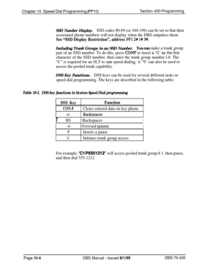 Page 671Chapter 10. Speed Dial Programming (FFl 0)Section 400-Programming
SSD Number Display.SSD codes 80-89 (or 160-199) can be set so that their
associated phone numbers will not display when the DBS outpulses them.
See “SSD Display Restriction”, address FFl 2# l# 5#.
Including Trunk Groups in an SSD Number.You can make a trunk group
part of an SSD number. To do this, press 
CONP to insert a “C” as the first
character of the SSD number, then enter the trunk group number l-8. The
“C” is required for an SLT to...