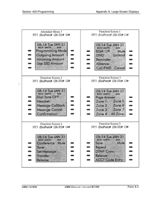 Page 676Section 400-ProgrammingAppendix A. Large-Screen Displays
Attendant Menu 3FF3 
(ExtPort)# (26-33j# lO#
Function Screen 1FF3 (ExtPort)# 
(26-33)# ll#
Function Screen 2FF3 
(ExtPort)# (26-33)# 12#
Function Screen 3FF3 
(ExtPort)# (26-33)# 13#
Function Screen 4FF3 
(ExtPort)# (26-33)# 14#
Function Screen 5FF3 
(ExtPort)# (26-33)# 15#
DES-70-400Df3S Manual - Issued 8/l/95+Page A-3 