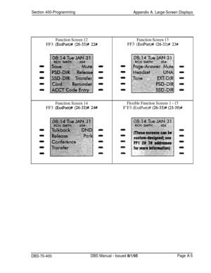 Page 678Section 400-Programming
Appendix A. Large-Screen Displays
Function Screen 12FF3 
(ExtPort)# (26-33)# 22#
Function Screen 14FF3 
(ExtPort)# (26-33)# 24#Function Screen 13FF3 
(ExtPort)# (26-33)# 23#
Flexible Function Screens 1 - 15
F’F3 (ExtPort)# (26-33)# (2%39)#
DBS-70-400DBS Manual - Issued 8/l/95Page A-5 