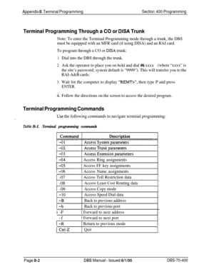 Page 680Appendix 8. Terminal ProgrammingSection 400-Programming
Terminal Programming Through a CO or DISA Trunk
Note: To enter the Terminal Programming mode through a trunk, the DBS
must be equipped with an MFR card (if using DISA) and an RAI card.
To program through a CO or 
DISA trunk:
1.
2.
3.
4.
Dial into the DBS through the trunk.
Ask the operator to place you on hold and dial 
#6 xxxx(where “xxxx” is
the site’s password; system default is “9999”). This will transfer you to the
RAI-A&B cards.
Wait for the...