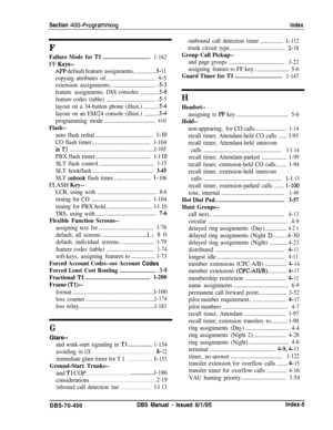 Page 686Section 400-Programmingindex
F
FailureModeforTl.................................1-162FF 
Keys--
APP default featureassignments..
............5- 11
copyingattributesof...................................9-5
extensionassignments..
.............................
-5-3
feature assignments.DSSconsoles
............5-8
featurecodes(table)
..................................
.5 -5
layout on a 34-button phone (illust.)
..........5-4
layout on an EM/24 console (illust.)
.........
.5-4
programming...
