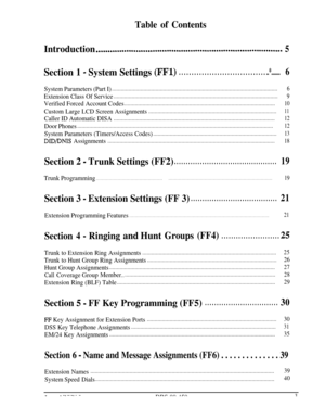 Page 696Table of Contents
Introduction*..*...........................................................................5
Section 1 - System Settings (FFl). . . . . . . . . . . . . . . . . . . . . . . . . . . . . . . . . . ..*.......6
System Parameters (Part I)..............................................................................................................6
Extension Class Of Service.............................................................................................................9
Verified...