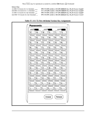 Page 724These forms may be reproduced as needed by certified DBS Dealers id Technic&I
Select One
1st DSS 72 Consoie for 1st Attendant -
2nd DSS 72 Console for 1 st Attendant _
1st DSS 72 Console for 2nd Attendant -
2nd DSS 72 Console for 2nd Attendant __
FF.5 (73-CPC-A/AI1 or 145-CPC-B/EX)# (Key No.)# (Feature Code)#
FF.5 (74-CPC-A/AI1 or 146~CPC-B/EXM (Key No.)# (Feature Cod@
FF5 (75-CPC-A/AI1 or 147-CPC-B/EX)# (Key No.)# (Feature Code)#
FF5 (76-CPC-A/AI1 or 14%CPC-B/EX)# (Key No.)# (Feature Code)#
il...