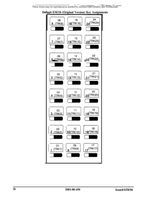 Page 731- -__- -a”- “L -These forms may be reproduced as needed by certified DBS Dealers and Technicians.
6 Ti:614El2214tTRK14)El2$TRK22)
it EM/24 (Original Version) Key Assignments
LJ1 TdK40
38DBS-80-450Issued 6/28/96 