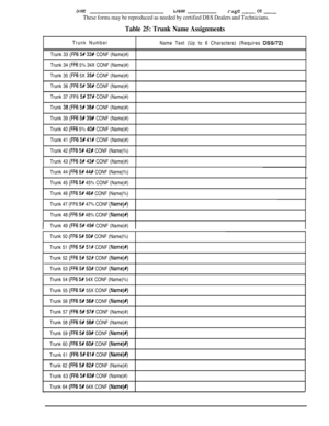 Page 73631uzViiLtZrage- OT-
These forms may be reproduced as needed by certified DBS Dealers and Technicians.
Table 25: Trunk Name AssignmentsTrunk Number
Trunk 33 
(FF6 5# 33# CONF (Name)#)
Trunk 34 
(FF6 5% 34X CONF (Name)#)
Trunk 35 
(FF6 5X 35f CONF (Name)#)
Trunk 36 
(FF6 5# 36# CONF (Name)#)
Trunk 37 (FF6 
5# 37# CONF (Name)#)
Trunk 
i8 (FF6 5# 38# CONF (Name)#)
Trunk 39 
(FF6 5# 39# CONF (Name)#)
Trunk 40 
(FF6 5% 40# CONF (Name)#)
Trunk 41 
(FF6 5X41X CONF (Name)#)
Trunk 42 
(FF6 5# 42# CONF (Name)%)...