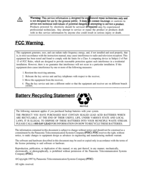 Page 79t contatnwaningsor cautions to
Productspowered by electricity
should
beserviced @repairedoniybyexperienced
professional technicians. Any attempt to service or repair the product or products dealt
with in this service information by anyone else could result in serious injury or death.
FCC Warning
This equipment generates, uses, and can radiate radio frequency energy, and, if not installed and used properly, that
is, in strict accordance with the instruction manual, may cause interference to radio and...