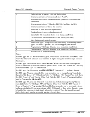 Page 831Section 700 - OperationChapter 2. System Features
3
4
5
6
7Notes:Full restriction of operator calls (old dialing plan).
Selectable restriction of operator calls (new NANP).
Selectable restriction of international calls (defaulted to full restriction 
-
ssee Notes)
Selectable restriction of 
Nil codes (211-911) (see Notes for 91 I).Selectable restriction of Speed dial numbers.
Restriction of up to 50 seven-digit numbers.
Trunk calls can be answered and transferred.
Defaulted to full restriction of...