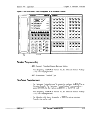 Page 857Section 700 - OperationChapter 3. Attendant Features
Figure 3-2. VB-43225 with a DSS/72 configured as an Attendant Console
Related Programmingl 
FFl (System): Attendant Feature Package Settings
Note: Beginning with CPC-B Version 5.0, the Attendant Feature Package
(AFP) is no longer provided.
l FF3 (Extensions): Terminal Type
Hardware Requirements
lThe “Attendant Feature Package” is required to configure the DSW72 as an
Attendant Console. The “Attendant Feature Package” is contained on a
special EPROM...