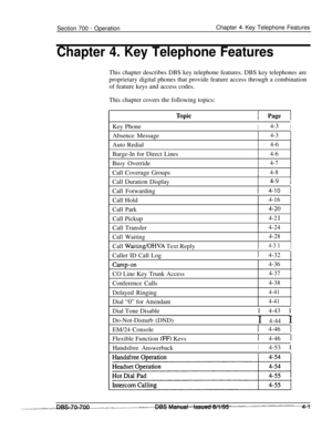 Page 868Section 700 - OperationChapter 4. Key Telephone Features
Chapter 4. Key Telephone FeaturesThis chapter describes DBS key telephone features. DBS key telephones are
proprietary digital phones that provide feature access through a combination
of feature keys and access codes.
This chapter covers the following topics:
1 PageiKey Phone
I4-3IAbsence Message
4-31Auto Redial
4-6Barge-In for Direct Lines
4-6Busy Override
4-7Call Coverage Groups
4-8Call Duration DisplayI
4-9 1Call Forwarding
1 4-10 (Call Hold...