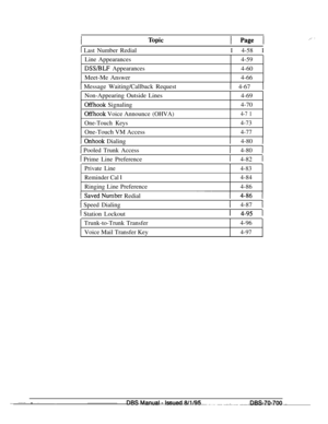 Page 8691 Last Number RedialI 4-58 I
Line Appearances4-59
DSSBLF Appearances
4-60
Meet-Me Answer4-66
1 Message Waiting/Callback Request1 4-67 -1Non-Appearing Outside Lines
4-69
Offhook Signaling4-70
Of-fhook Voice Announce(OHVA)4-7 1
One-Touch Keys4-73One-Touch VM Access
4-77
[ Onhook Dialing
1 Pooled Trunk Access
1 4-80 I
1 4-80 1
I Prime Line Preference1 4-82 1
Private Line
4-83
Reminder Cal 
14-84
Ringing Line Preference4-86
-SavedNumber Redial
1 Speed Dialing
1 Station Lockout
1 4-87 1
I 4-95 ITrunk-to-Trunk...