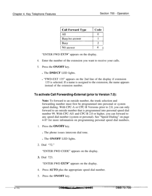 Page 879Chapter 4. Key Telephone FeaturesSection 700 - Operation
i-Call Forward Type1 Code 1
IN0 answerI 4 I
“ENTER FWD 
EXT#” appears on the display.
4.Enter the number of the extension you want to receive your calls.
5.Press the ON/OFF key.
l The 
DNDXF LED lights.
l “FWD-EXT 135” appears on the 2nd line of the display if extension
135 is selected. If a name is assigned to the extension, the name appears
instead of the extension number.
To activate Call Forwarding-External (prior to Version 7.0):Note: To...