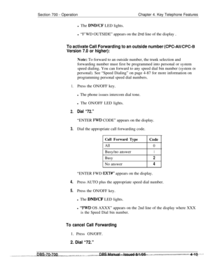 Page 880Section 700 - OperationChapter 4. Key Telephone Features
l The 
DNDKF LED lights.
l “F’WD OUTSIDE” appears on the 2nd line of the display .
To activate Call Forwarding to an outside number (CPC-AIUCPC-B
Version 7.0 or higher):
1.
2.
3.
4.
5.Note: To forward to an outside number, the trunk selection and
forwarding number must first be programmed into personal or system
speed dialing. You can forward to any speed dial bin number (system 
01personal). See “Speed Dialing” on page 4-87 for more information...