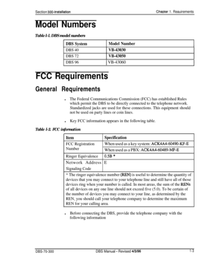 Page 91Section 300~InstallationChaOter 1. Reauirements
Model Numbers
Table l-l. DBS model numbers
DBS SystemModel Number
DBS 40VB-43030
DBS 72VB-43050
DBS 961 VB-430601
FCC RequirementsGeneral Requirements
lThe Federal Communications Commission (FCC) has established Rules
which permit the DBS to be directly connected to the telephone network.
Standardized jacks are used for these connections. This equipment should
not be used on party lines or coin lines.l
Key FCC information appears in the following table....