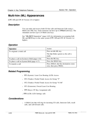 Page 931Chapter 4. Key Telephone FeaturesSection 700 - Operation
Multi-him (ML) Appearances
(CPC-AI1 and CPC-B Version 2.0 or higher)
DescriptionYou can make and receive both CO line calls and Intercom Calls using a
Multi-Line (ML) key. Each extension can have up to 
24Multi-Line keys. The
Attendant can have up to 24 Multi-Line keys.
See 
“ML/MC0 Separation” (page 4-65) for information on assigning both
ML and 
MC0 keys to the same system (CPC-AI1 and CPC-B Version 4 or
higher).
OperationOperation
To originate a...