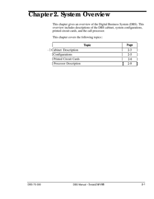 Page 95Chapter 2. System Overview
This chapter gives an overview of the Digital Business System (DBS). This
overview includes descriptions of the DBS cabinet, system configurations,
printed circuit cards, and the call processor.
This chapter covers the following topics::
- 1 Cabinet Description
1 ConfigurationsI 2-5 I
1 Printed Circuit Cards
1 Processor Description
1 2-6 1I 
2-g I
DBS-70-300
DBS Manual - Issued 8/l/952-l 