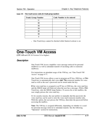 Page 944Section 700 - OperationChapter 4. Key Telephone Features
Table 4-9.One-touch access codes for trunk group numbersTrunk Group NumberCode Number to be entered
811
822
833
844
855
866
99.
lOne-Touch keys cannot be checked while Station Lockout is set.
One-Touch VM Access
(CPC-ALI and CPC-B Version 5.0 or higher)
DescriptionOne-Touch VM Access simplifies voice message retrieval for personal
mailboxes as well as attendant transfer of incoming calls to extension
mailboxes.For instructions on attendant usage of...