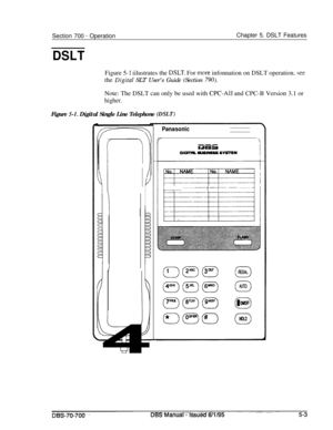 Page 970Section 700 - OperationChapter 5. DSLT Features
DSLTFigure 
5-l iilustrates the DSLT. For more infonnation on DSLT operation. seethe 
Digitul SLT User’s Guide (Section 790).Note: The DSLT can only be used with 
CPC-AI1 and CPC-B Version 3.1 or
higher.
Figure 5-1. Digital Single Line Telephone (DSLT)
II
v
\
I
I
i1
:i
Panasonic
t-----i-----_________ - -____ t ---__ t __--..-___. _________ jI 