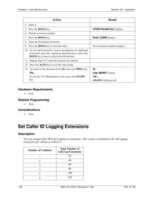 Page 106106 DBS 576 (USA), Revised 6/11/98 576-13-700
Chapter 4. User Maintenance Section 700 - Operation
Hardware Requirements
•N/A
Related Programming
•N/A
Considerations
•N/A
Set Caller ID Logging Extensions
Description
You can assign Caller ID Call Logging to extensions. The system is liminted to 20 call logging 
extensions per cabinet as follows:1
4.   Enter 1
.  
5.   Press the HOLD
 key.   
CFWD-NoANS Ext displays
6.   Dial the extension number.   
7.   Press the HOLD
 key.   
Enter CODE displays
8....