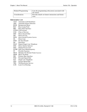 Page 1212 DBS 576 (USA), Revised 6/11/98 576-13-700
Chapter 1. About This Manual Section 700 - Operation
Abbreviation List
ACD Automatic Call Distributor
ARS Automatic Route Selection
BGM Background Music
BLF Busy Lamp Field
BRI Basic Rate Interface
CFWD Call Forward
COS Class of Service
DDI Direct Inward Dial
DIL Direct In Line
DISA direct Inward System Access
DL Direct Line
DND Do-Not-Disturb
DP Dial Pulse
DSLT Digital Single Line Telephone
DSS Direct Station Selector
DSU Digital Service Unit
DTMF Dual Tone...