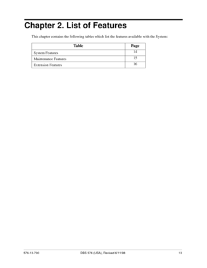 Page 13576-13-700 DBS 576 (USA), Revised 6/11/98 13
Chapter 2. List of Features
This chapter contains the following tables which list the features available with the System:   
Table Page
System Features14
Maintenance Features15
Extension Features16 