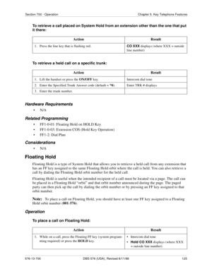 Page 125Section 700 - Operation Chapter 5. Key Telephone Features
576-13-700 DBS 576 (USA), Revised 6/11/98  125
To retrieve a call placed on System Hold from an extension other than the one that put 
it there:
To retrieve a held call on a specific trunk:
Hardware Requirements
•N/A
Related Programming
• FF1-0-01: Floating Hold on HOLD Key
• FF1-0-03: Extension COS (Hold Key Operation)
• FF1-2: Dial Plan
Considerations
•N/A
Floating Hold
Floating Hold is a type of System Hold that allows you to retrieve a held...