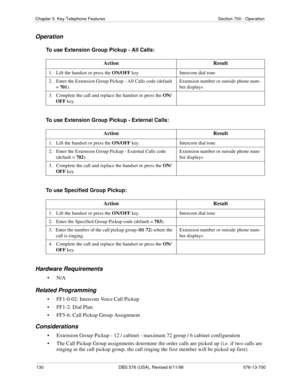 Page 130130 DBS 576 (USA), Revised 6/11/98 576-13-700
Chapter 5. Key Telephone Features Section 700 - Operation
Operation
To use Extension Group Pickup - All Calls:
To use Extension Group Pickup - External Calls:
To use Specified Group Pickup:
Hardware Requirements
•N/A
Related Programming
• FF1-0-02: Intercom Voice Call Pickup
• FF1-2: Dial Plan
• FF5-6: Call Pickup Group Assignment
Considerations
• Extension Group Pickup - 12 / cabinet - maximum 72 group / 6 cabinet configuration
• The Call Pickup Group...