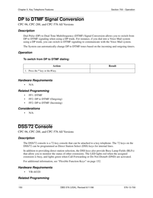 Page 150150 DBS 576 (USA), Revised 6/11/98 576-13-700
Chapter 5. Key Telephone Features Section 700 - Operation
DP to DTMF Signal Conversion
CPC-96, CPC-288, and CPC-576 All Versions
Description
Dial Pulse (DP) to Dual Tone Multifrequency (DTMF) Signal Conversion allows you to switch from 
DP to DTMF signaling when using a DP trunk. For instance, if you dial into a Voice Mail system 
using a DP trunk, you can switch to DTMF signaling to communicate with the Voice Mail system.
The System can automatically change...