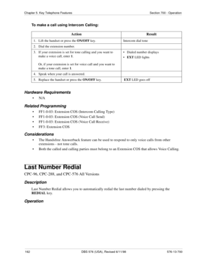 Page 162162 DBS 576 (USA), Revised 6/11/98 576-13-700
Chapter 5. Key Telephone Features Section 700 - Operation
To make a call using Intercom Calling:
Hardware Requirements
•N/A
Related Programming
• FF1-0-03: Extension COS (Intercom Calling Type)
• FF1-0-03: Extension COS (Voice Call Send)
• FF1-0-03: Extension COS (Voice Call Receive)
• FF3: Extension COS
Considerations
• The Handsfree Answerback feature can be used to respond to only voice calls from other 
extensions - not tone calls.
• Both the called and...